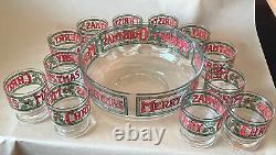 Cera Houze Vintage Merry Christmas Glass Punch Bowl & 12 Glasses MINT COND