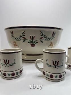 Ceramic Punch Bowl Set with 6 Cups Floral Motif and Reindeer