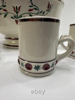 Ceramic Punch Bowl Set with 6 Cups Floral Motif and Reindeer