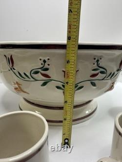 Ceramic Punch Bowl Set with 6 Cups Floral Motif and Reindeer