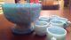 Children's Blue Milk Glass Punch Bowl with 6 Cups Nursery Rhyme Little Red Rare