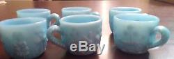 Children's Blue Milk Glass Punch Bowl with 6 Cups Nursery Rhyme Little Red Rare