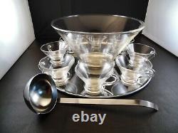 Chromium and Crystal Mid Century Modern Punch Bowl 8 Cups and Underplate