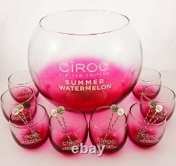 Ciroc LE Watermelon Glass Party Punch Bowl Set w 8 Cups and 10 Cocktail Sticks