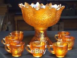 Classic 1907 -1930 Fenton Marigold Orange Tree Carnival Glass 8Pc Punch Bowl Set