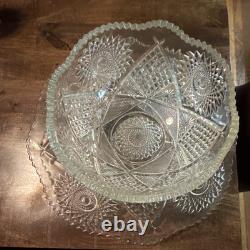 Clear Glass Geometric Cut Pressed Punch Bowl Set with Serving Plate, 2-Piece