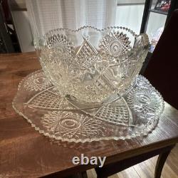 Clear Glass Geometric Cut Pressed Punch Bowl Set with Serving Plate, 2-Piece