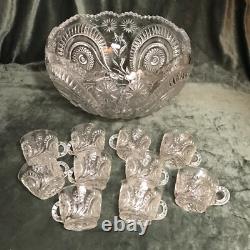 Clear Punch Bowl Set LE Smith Glass Slewed Horseshoe Radiant Daisy 10 Cups