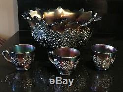 Cobalt Blue Fenton Orange Tree 10.5 Punch Bowl With 3 Punch Cups No Base