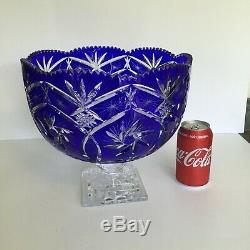 Cobalt Cut To Clear Bohemian/czech Crystal Punch Bowl