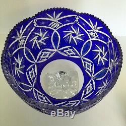 Cobalt Cut To Clear Bohemian/czech Crystal Punch Bowl