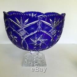 Cobalt Cut To Clear Bohemian/czech Crystal Punch Bowl