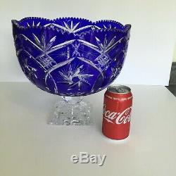 Cobalt Cut To Clear Bohemian/czech Crystal Punch Bowl