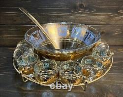 Colony Glass Carousel Horse Punch Bowl Set Gold Blue 16 Glasses & Rotating Stand