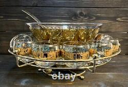 Colony Glass Carousel Horse Punch Bowl Set Gold Blue 16 Glasses & Rotating Stand