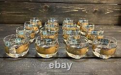 Colony Glass Carousel Horse Punch Bowl Set Gold Blue 16 Glasses & Rotating Stand