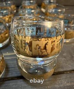 Colony Glass Carousel Horse Punch Bowl Set Gold Blue 16 Glasses & Rotating Stand