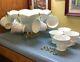 Colony Harvest Grape Milk Glass Punch Bowl withgold base, 12 Cups, ladle and hooks
