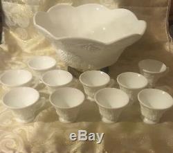 Colony Harvest Grape Paneled Milk Glass Punch Bowl withgold raised base & 10 Cups