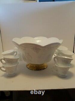 Colony Harvest Grape White Milk Glass Gold Pedestal Punch Bowl 12 Cups Christmas