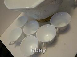 Colony Harvest Grape White Milk Glass Gold Pedestal Punch Bowl 12 Cups Christmas