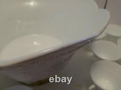 Colony Harvest Grape White Milk Glass Gold Pedestal Punch Bowl 12 Cups Christmas