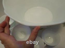 Colony Harvest Grape White Milk Glass Gold Pedestal Punch Bowl 12 Cups Christmas