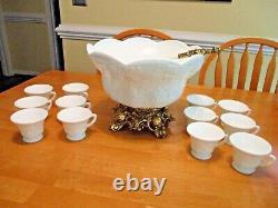 Colony Harvest Paneled Grape Punch Bowl with Metal Base and Ladle Cups Beautiful