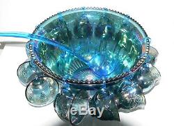 Complete Set Blue Carnival Glass Punch Bowl Set Excellent Condition