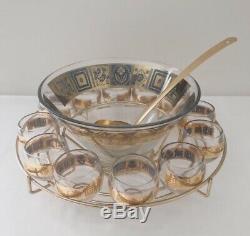 Complete Vintage Culver Coronet Glass Punch Bowl Set With Metal Rack and Ladle
