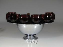 Complete Vintage Deco Hazel Atlas Glass Amethyst Punch Bowl Set Chromium c. 1935