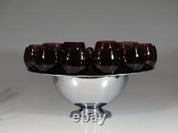 Complete Vintage Deco Hazel Atlas Glass Amethyst Punch Bowl Set Chromium c. 1935