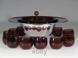 Complete Vintage Deco Hazel Atlas Glass Amethyst Punch Bowl Set Chromium c. 1935