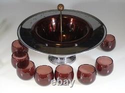 Complete Vintage Deco Hazel Atlas Glass Amethyst Punch Bowl Set Chromium c. 1935