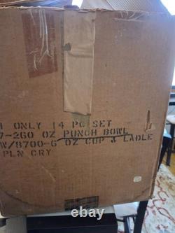 Complete vintage West Virginia Glass punch bowl set with original box. Has 14