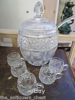 Covered Crystal cut Punch Bowl withladdle & 5 cups