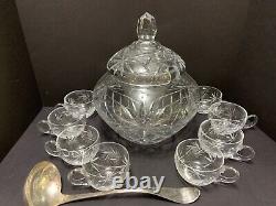 Covered HobStar Cut Glass PUNCH BOWL SET + 8 CUPS + Silver-plate LADLE Vintage