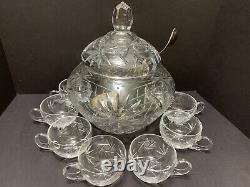 Covered HobStar Cut Glass PUNCH BOWL SET + 8 CUPS + Silver-plate LADLE Vintage