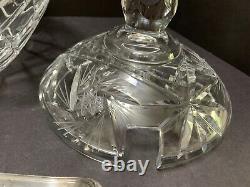 Covered HobStar Cut Glass PUNCH BOWL SET + 8 CUPS + Silver-plate LADLE Vintage