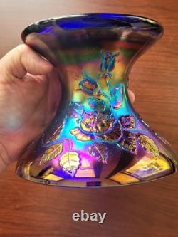 Cracked Electric Blue Fenton Carnival Glass Wreath of Roses Punch Bowl Base