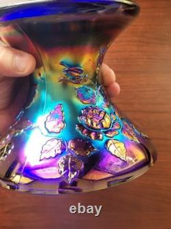 Cracked Electric Blue Fenton Carnival Glass Wreath of Roses Punch Bowl Base