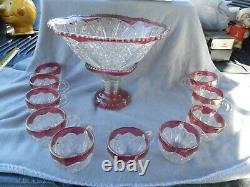 Cranberry & Clear Cut Glass Punch Bowl & Stand & Glasses 12 Piece Estate Find