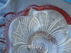 Cranberry & Clear Cut Glass Punch Bowl & Stand & Glasses 12 Piece Estate Find