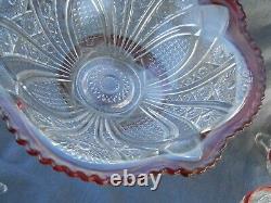 Cranberry & Clear Cut Glass Punch Bowl & Stand & Glasses 12 Piece Estate Find