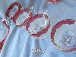 Cranberry & Clear Cut Glass Punch Bowl & Stand & Glasses 12 Piece Estate Find
