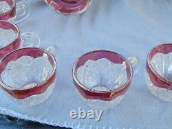 Cranberry & Clear Cut Glass Punch Bowl & Stand & Glasses 12 Piece Estate Find
