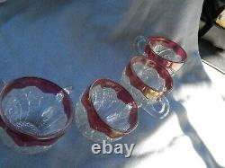 Cranberry & Clear Cut Glass Punch Bowl & Stand & Glasses 12 Piece Estate Find