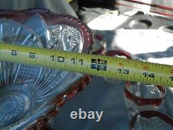 Cranberry & Clear Cut Glass Punch Bowl & Stand & Glasses 12 Piece Estate Find