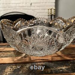 Crystal Cut Glass Punch Bowl Large Heavy Gold Trimmed 14 Wide