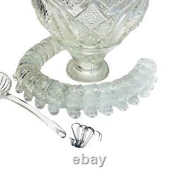 Crystal Glass Aztec Punch Bowl Set with Ladle Hooks Cups LE Smith McKee Vintage